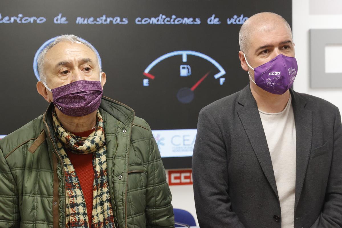 Los líderes de UGT y CCOO, Pepe Álvarez y Unai Sordo, durante el acto de convocatoria de movilizaciones en todo el país el próximo 23 de marzo