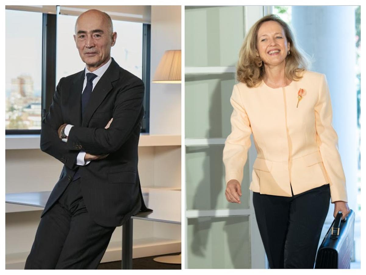 El presidente de Ferrovial, Rafael del Pino, y la vicepresidenta económica del Gobierno, Nadia Calviño
