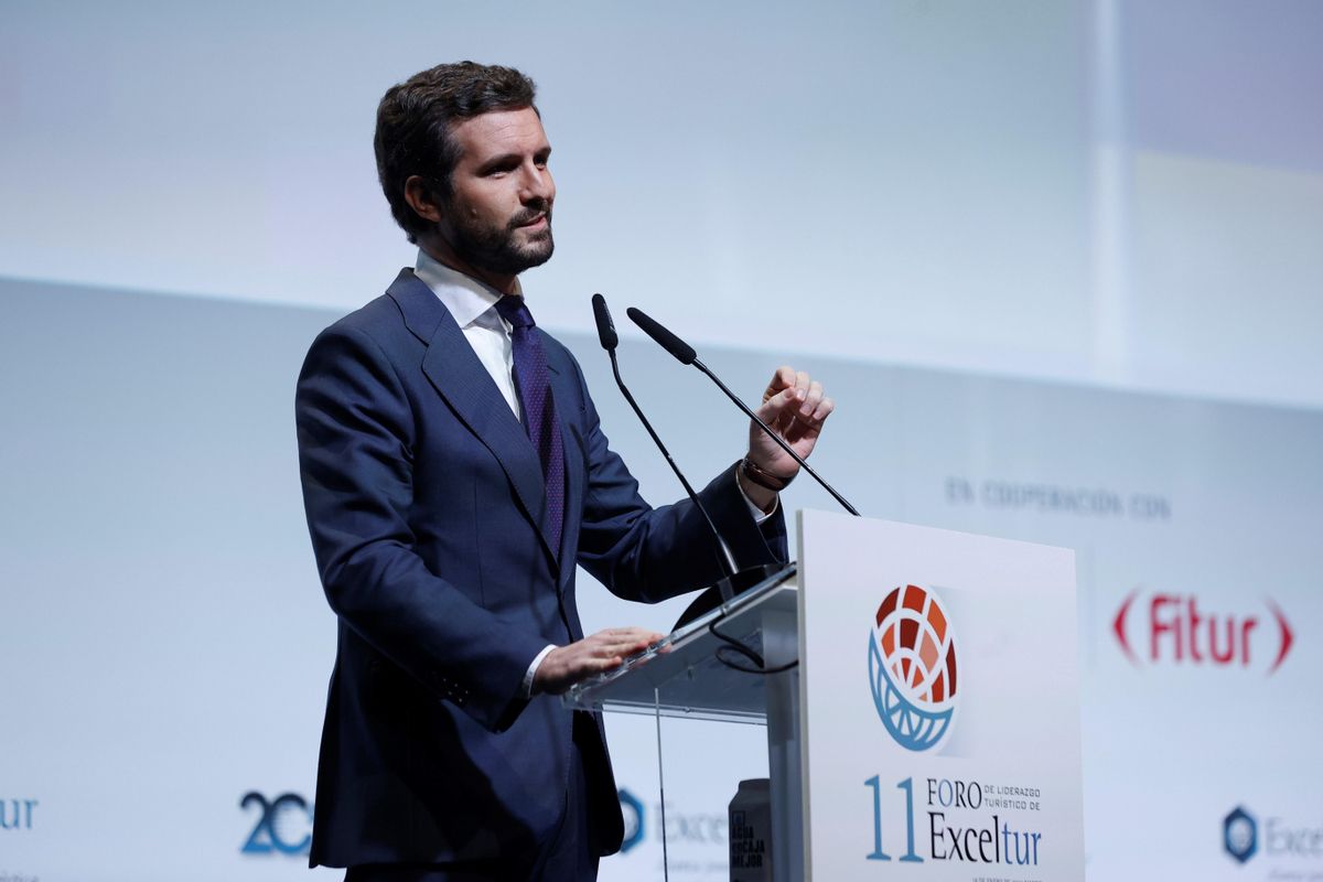El presidente del Partido Popular, Pablo Casado interviene en el XI Foro de Liderazgo Turístico que organiza Exceltur en Ifema, Madrid. El presidente del Partido Popular, Pablo Casado interviene en el XI Foro de Liderazgo Turístico que organiza Exceltur en Ifema, Madrid.