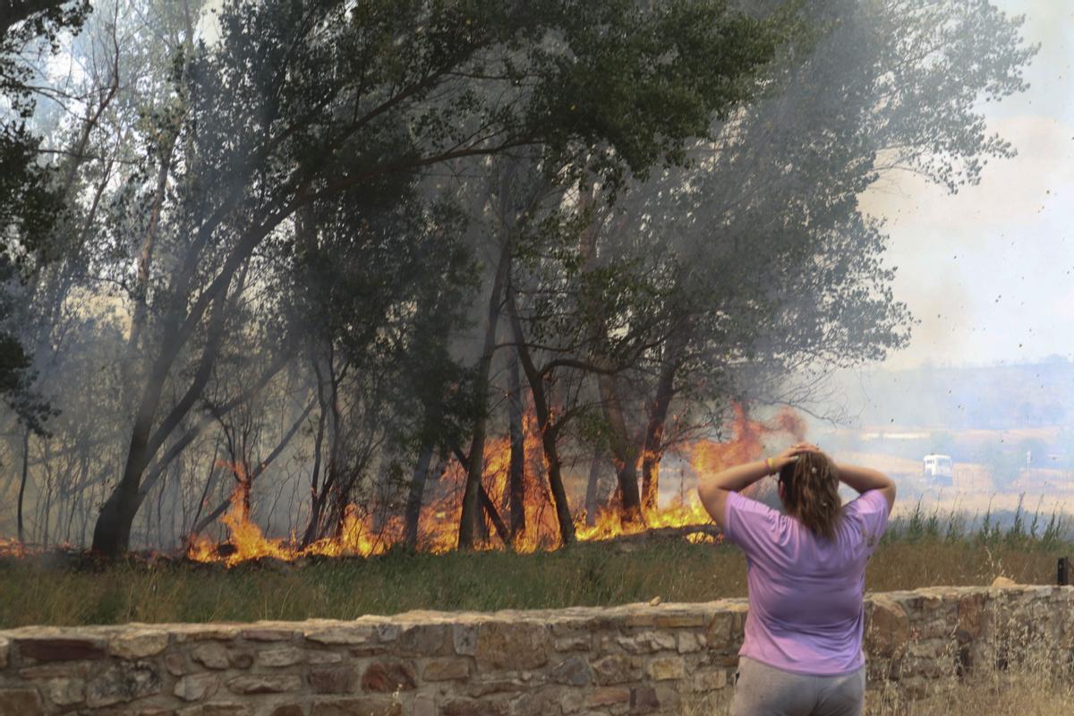 Una joven observa las llamas en el incendio de Zamora. EFE