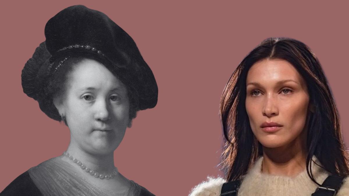 A la derecha, la modelo Bella Hadid; a la izquierda, retrato de mujer joven con gorro negro de Rembrandt. A la derecha, la modelo Bella Hadid; a la izquierda, retrato de mujer joven con gorro negro de Rembrandt.
