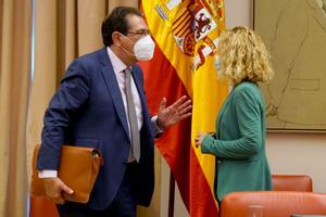 Enrique Arnaldo, candidato del PP al Constitucional, charla con Batet.