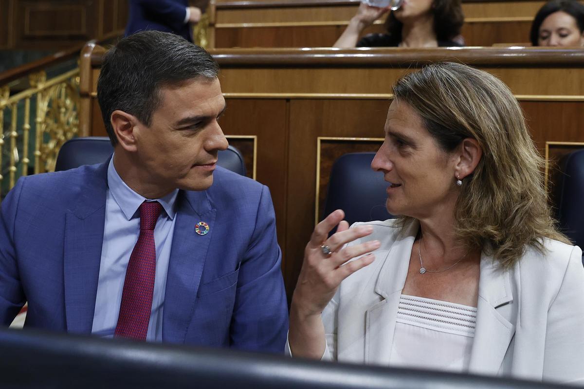 El presidente del Gobierno, Pedro Sánchez, y la vicepresidenta y ministra para la Transición Ecológica, Teresa Ribera. El presidente del Gobierno, Pedro Sánchez, y la vicepresidenta y ministra para la Transición Ecológica, Teresa Ribera.