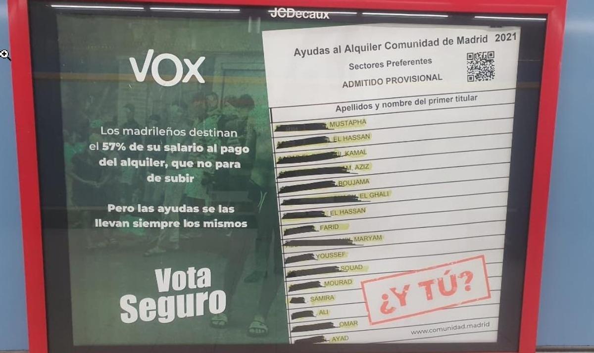 Vox cuelga carteles racistas en el metro del sur de Madrid y carga contra las ayudas preferentes para inmigrantes