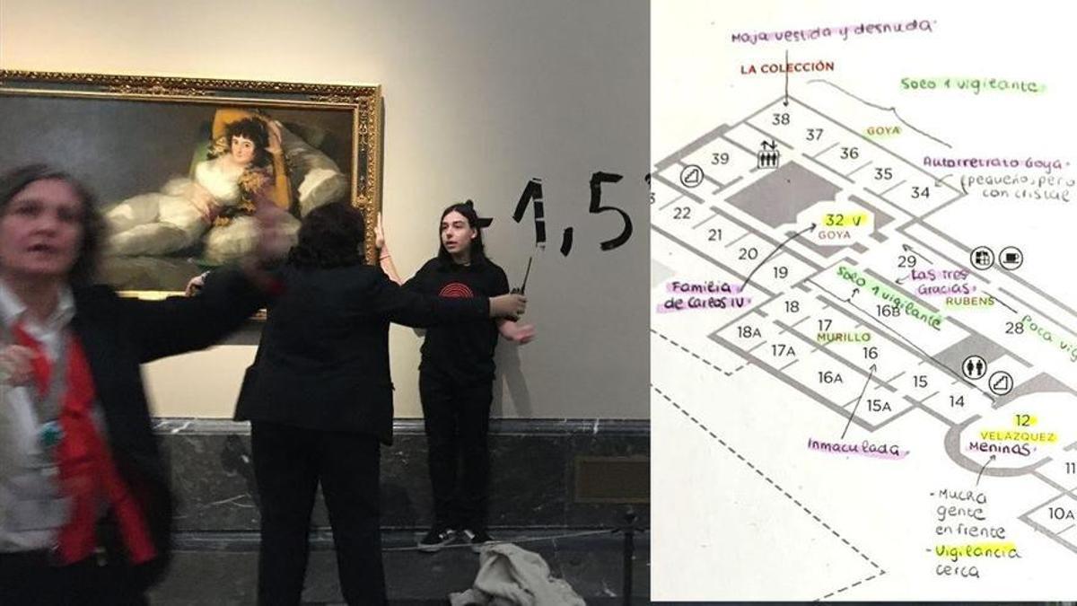 El plano y las notas de los activistas que se pegaron a 'Las Majas': "Velázquez y El Greco, mucha vigilancia; Goya, poca..."