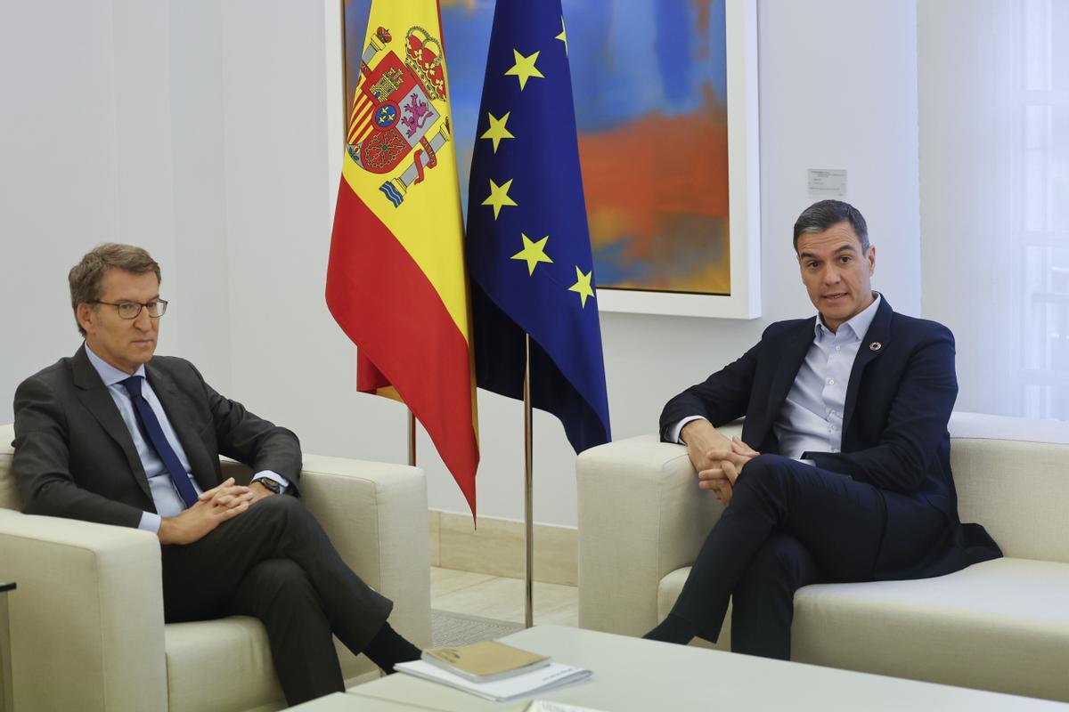 El presidente del Gobierno, Pedro Sánchez, y el líder del PP, Alberto Núñez Feijóo. El presidente del Gobierno, Pedro Sánchez, y el líder del PP, Alberto Núñez Feijóo.