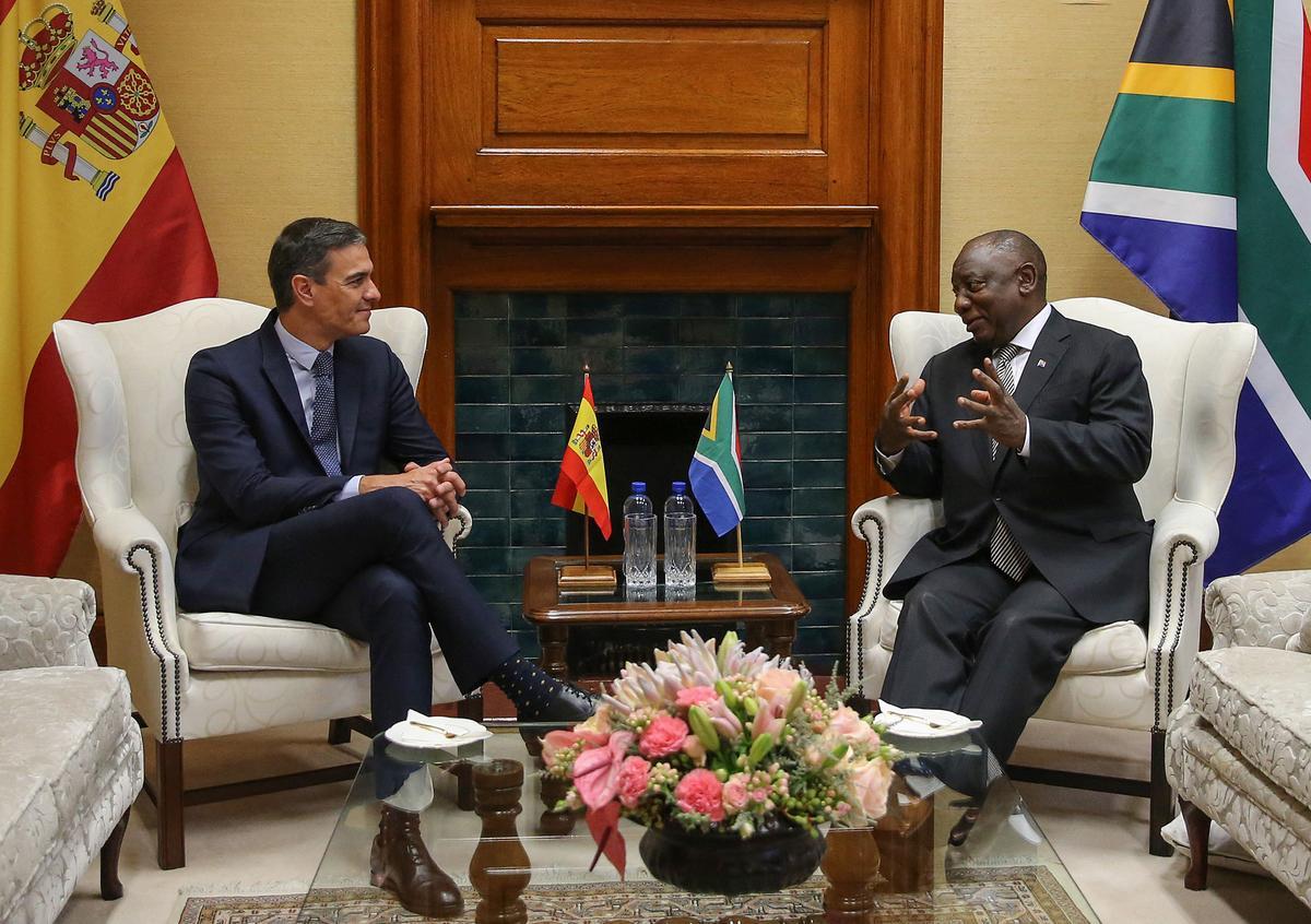 El presidente del Gobierno, Pedro Sánchez, de visita oficial en Sudáfrica, reunido este jueves con su presidente, Cyril Ramaphosa. 