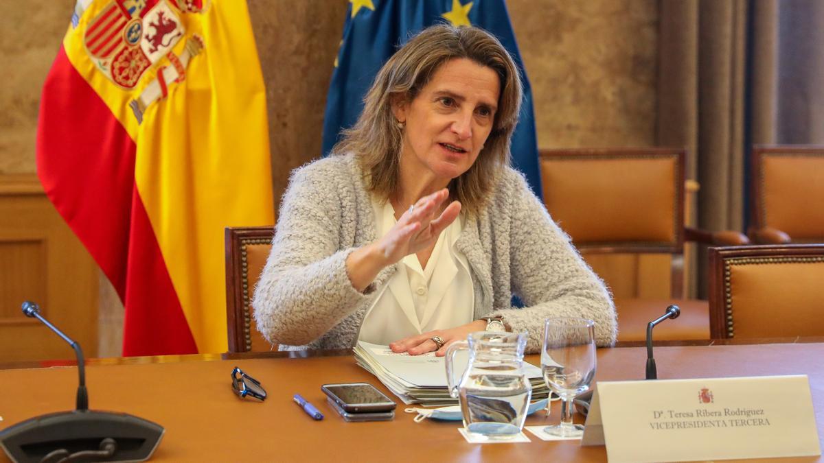 La vicepresidenta y ministra para la Transición Ecológica y el Reto Demográfico, Teresa Ribera, durante un encuentro de trabajo con la comisaria europea de Energía, en Madrid.