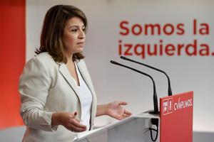 MADRID, 04/02/2022.- La vicesecretaria general del PSOE, Adriana Lastra, ofrece una rueda de prensa en la sede del partido en Madrid, este viernes. EFE/ Emilio Naranjo