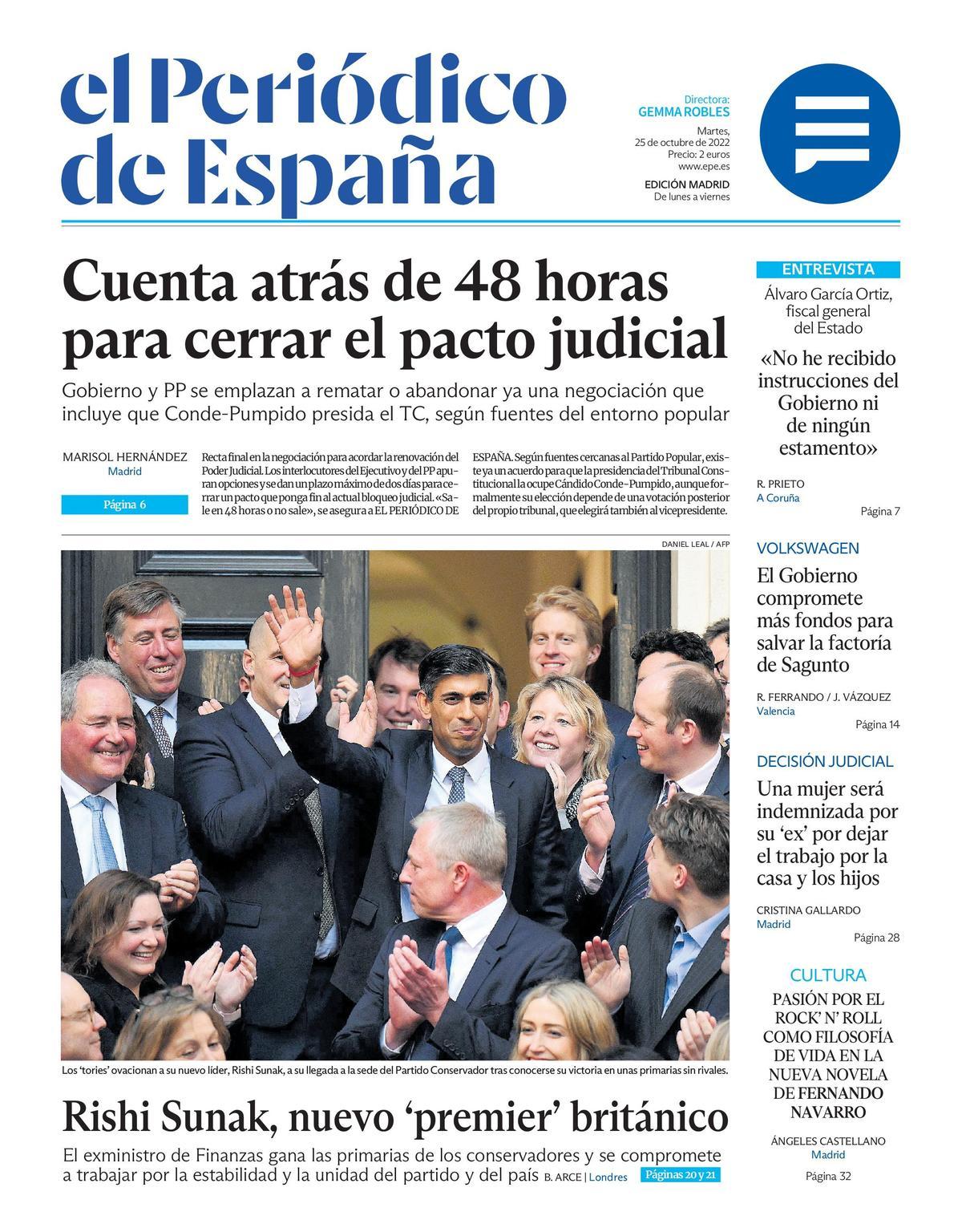 La portada de EL PERIÓDICO DE ESPAÑA, hoy martes 25 de octubre del 2022 |  El Periódico de España