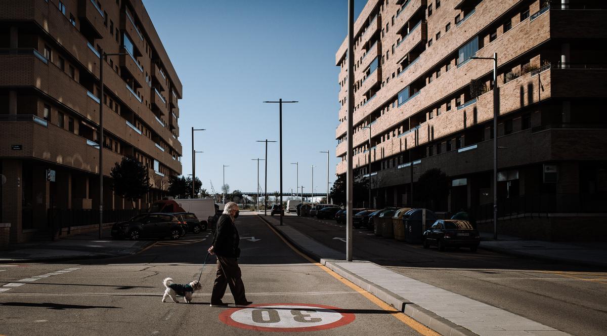 Un vecino de Seseña pasea a su perro en El Quiñón.
