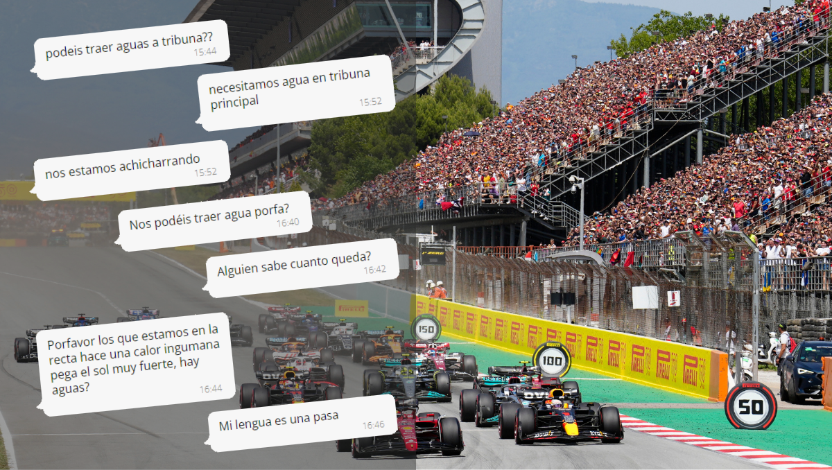 Los mensajes en el grupo de whatsapp, sobre una imagen de las tribunas abarrotadas de aficionados el pasado 22 de mayo en Montmeló para el GP de España de F1.