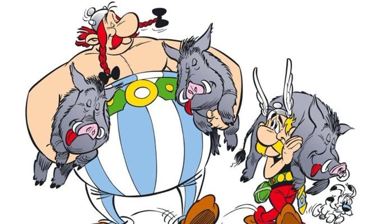 Ilustración de un cómic de Astérix y Obélix con jabalíes