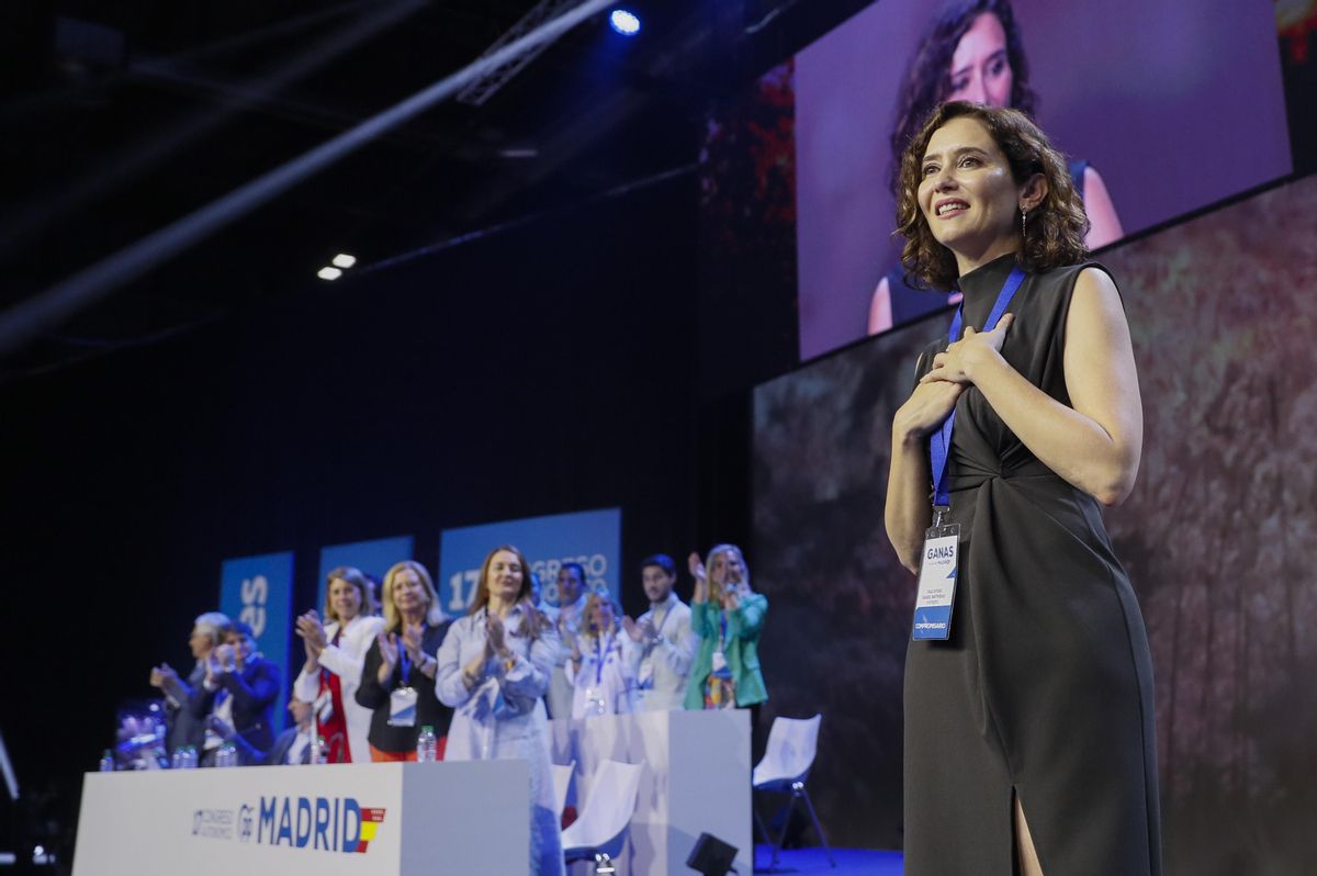 La presidenta de la Comunidad de Madrid, Isabel Díaz Ayuso, interviene durante el 17 Congreso Autonómico Extraordinario del PP que se celebra en el recinto IFEMA de Madrid. La presidenta de la Comunidad de Madrid, Isabel Díaz Ayuso, interviene durante el 17 Congreso Autonómico Extraordinario del PP que se celebra en el recinto IFEMA de Madrid.