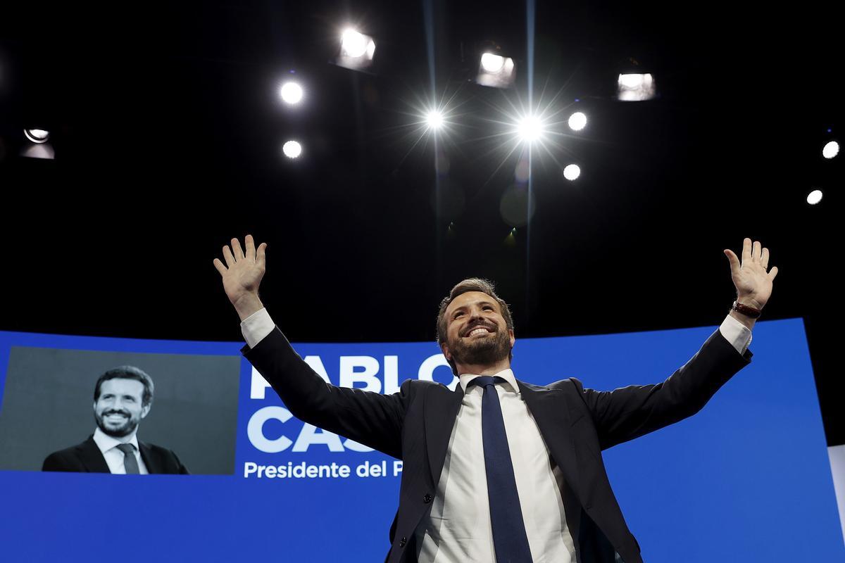 El actual presidente del PP, Pablo Casado, durante el XX Congreso Nacional del partido en Sevilla que comienza este viernes y que elegirá por aclamación a su nuevo presidente. El actual presidente del PP, Pablo Casado, durante el XX Congreso Nacional del partido en Sevilla que comienza este viernes y que elegirá por aclamación a su nuevo presidente.