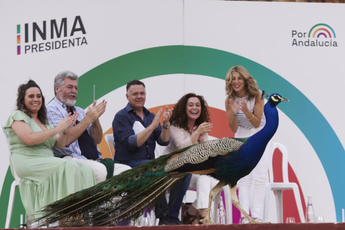 La candidata de Por Andalucía, Inma Nieto, junto a Juan Antonio Delgado y la vicepresidenta Yolanda Díaz, además de otros representante de la coalición.