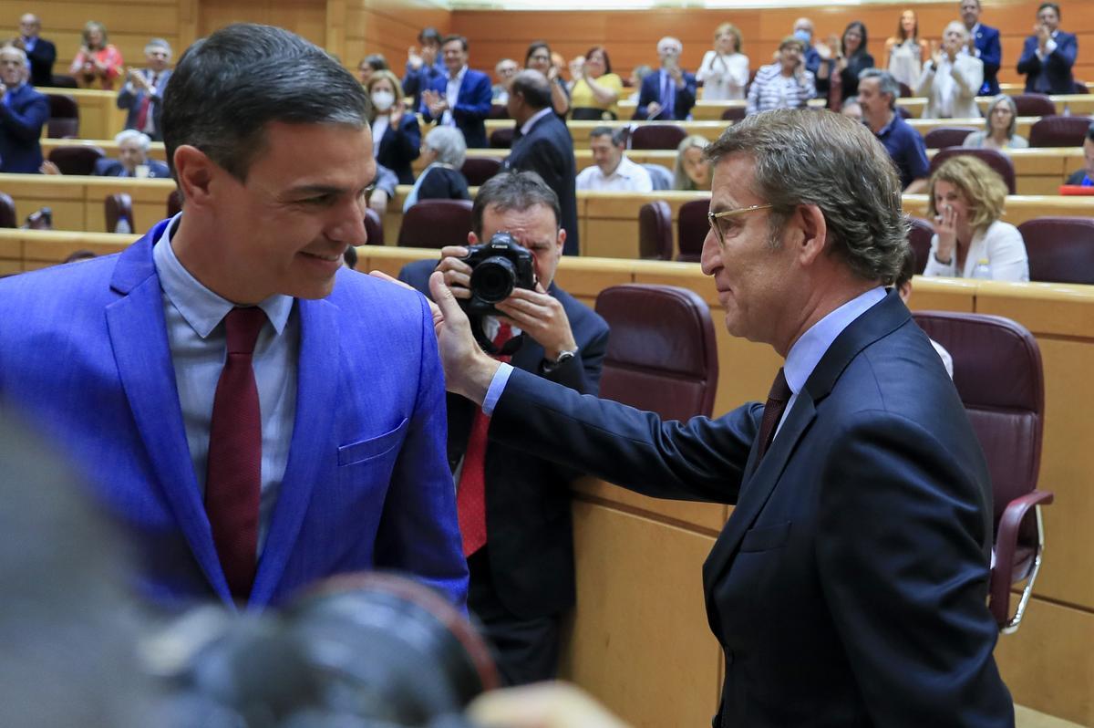 El presidente del gobierno, Pedro Sánchez, y el líder del PP Alberto Nuñez Feijóo, durante la sesión de control este martes en la Cámara Alta en Madrid.