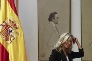 Yolanda Díaz en la reunión de Sumar en el Congreso. 