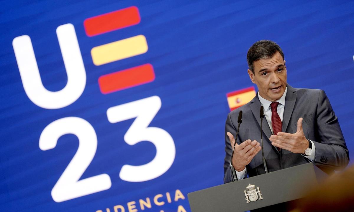 Pedro Sánchez, presidente del Gobierno, durante la presentación de la Presidencia Española en el Consejo de la Unión Europea. Pedro Sánchez, presidente del Gobierno, durante la presentación de la Presidencia Española en el Consejo de la Unión Europea.