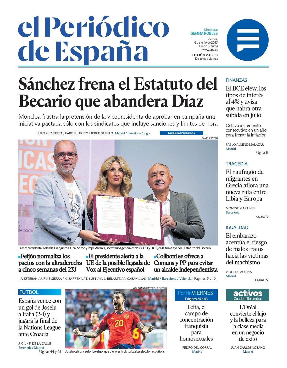 La portada de EL PERIÓDICO DE ESPAÑA, hoy viernes 16 de junio del 2023 ...