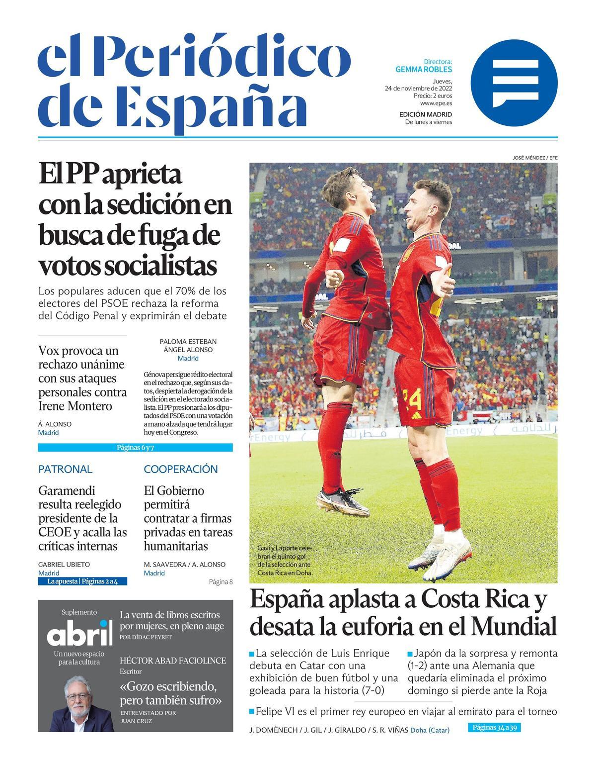 EL PERIÓDICO DE ESPAÑA de hoy jueves 24 de noviembre de 2022 | El Periódico  de España