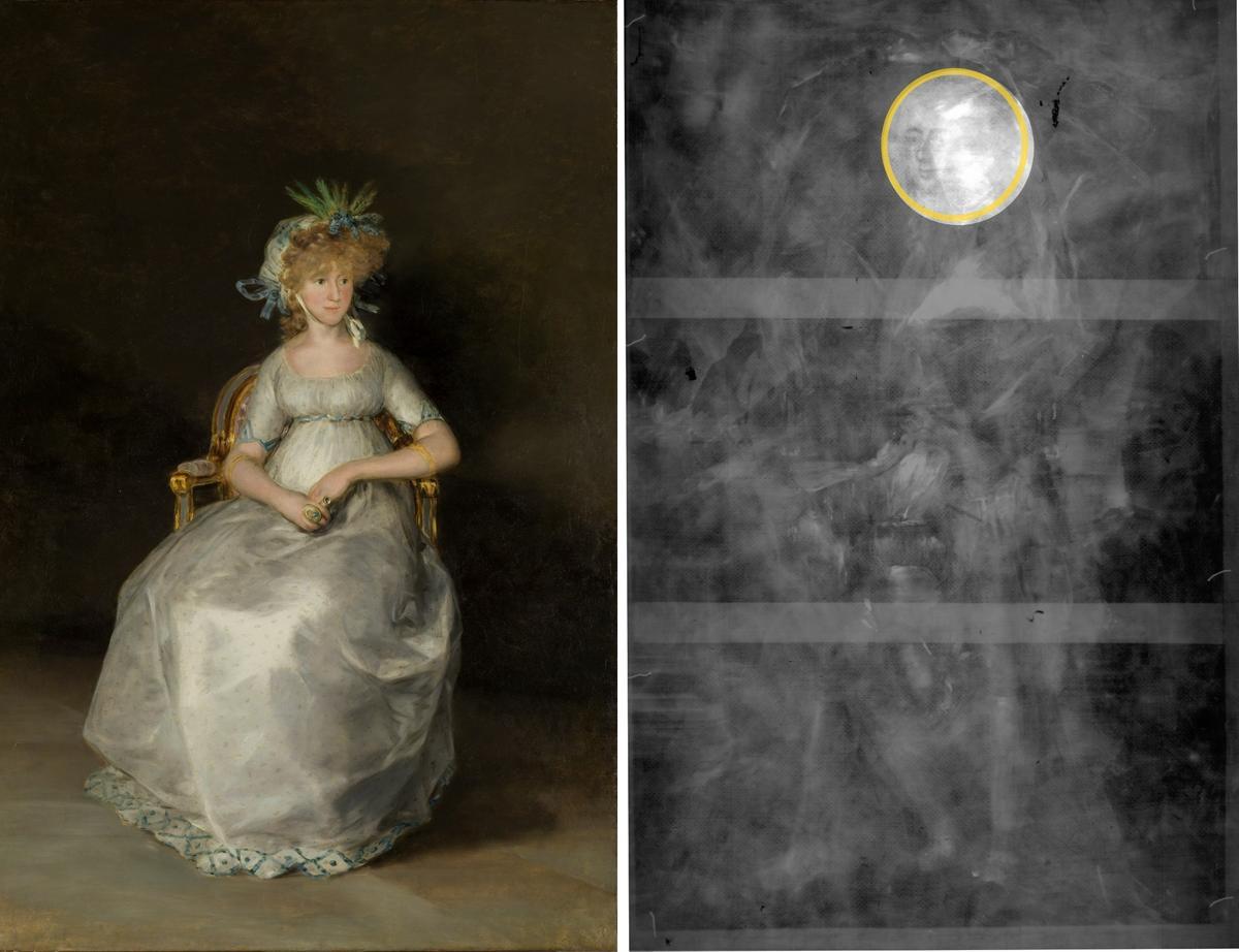 Vista de ’La condesa de Chinchón’, de Francisco de Goya (1800), y de la radiografía que desveló las pinturas anteriores sobre el lienzo. 