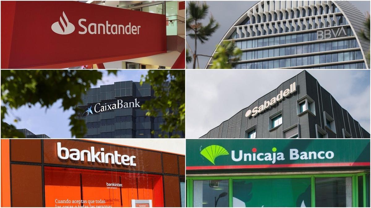 Logos de Banco Santander, BBVA, CaixaBank, Banco Sabadell, Bankinter y Unicaja Banco. EP