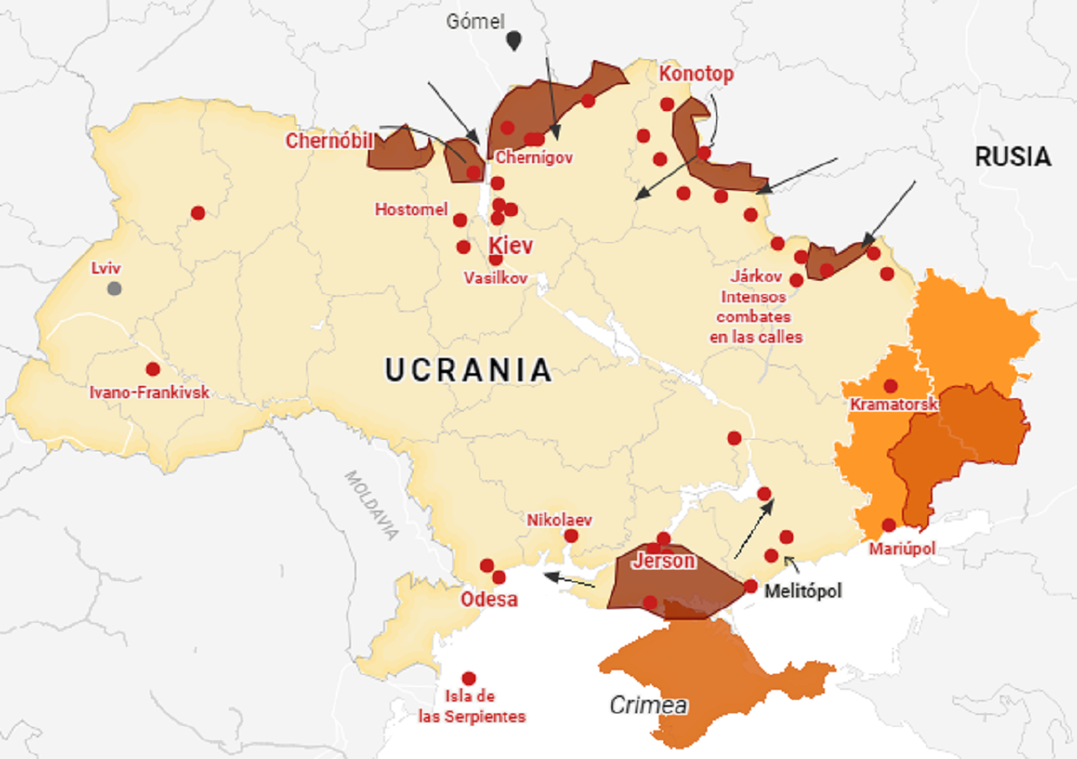 Zonas atacadas por Rusia en Ucrania, a 25 de febrero.