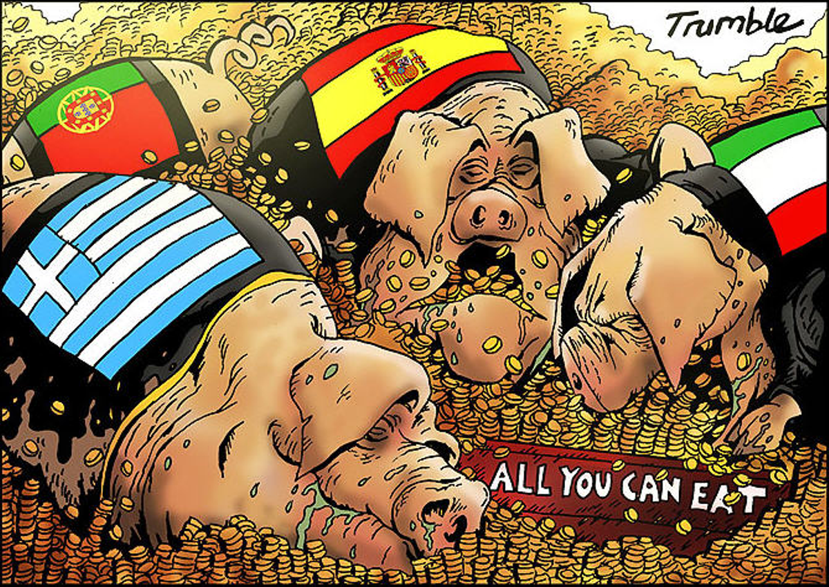 Viñeta alemana que representa a España como un cerdo que consume el dinero de Bruselas 