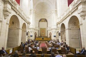 Vista del salón de plenos durante la celebración en el Parlamento de Andalucía. 