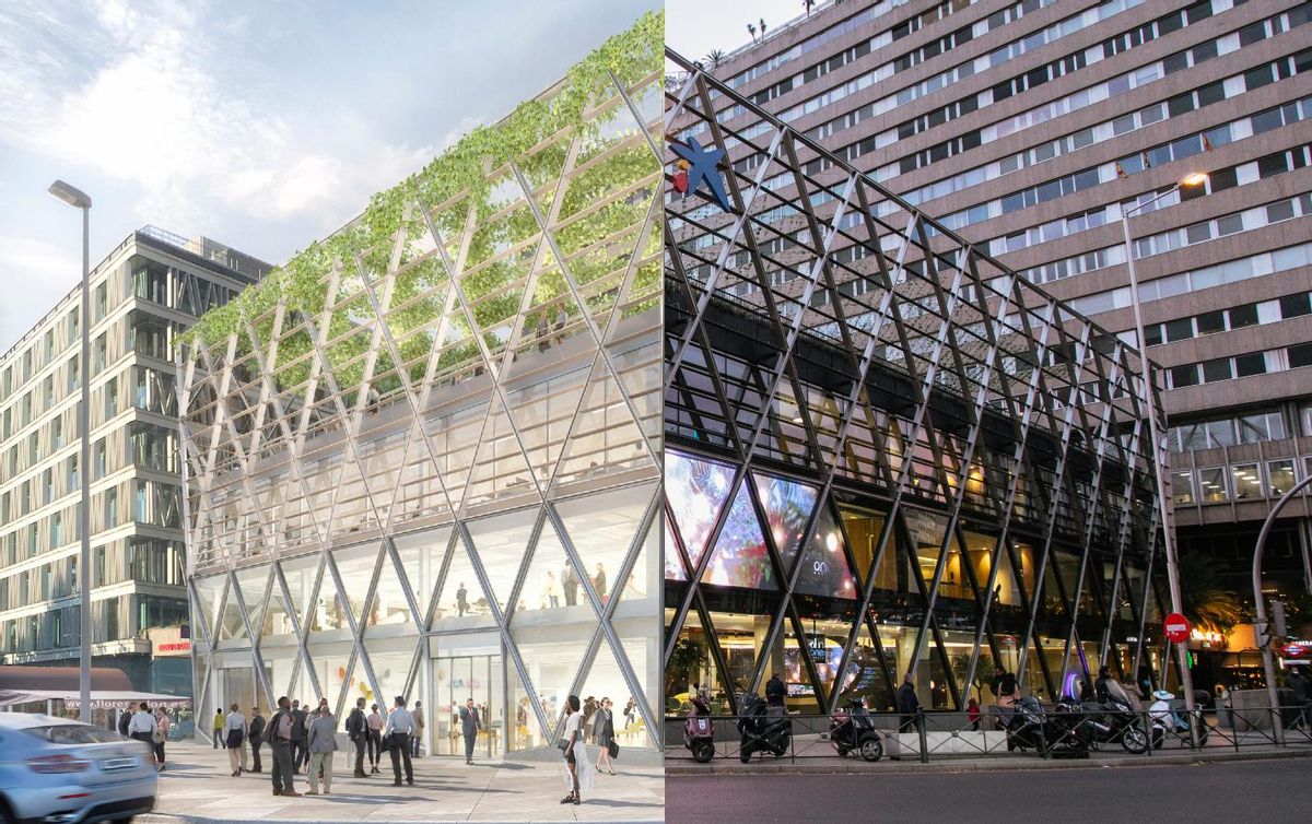 El render y la realidad del edificio de Barclays/Caixabank, en la plaza de Colón El render y la realidad del edificio de Barclays/Caixabank, en la plaza de Colón