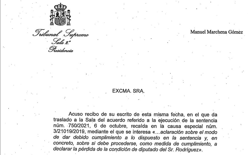 Respuesta del juez Marchena a Batet sobre la condena a Alberto Rodríguez