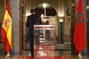 El presidente del Gobierno español, Pedro Sánchez, tras la rueda de prensa ofrecida el pasado 7 de abril en Rabat.