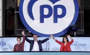 Feijóo, Ayuso y Almeida celebran la victoria en las elecciones del 28M.