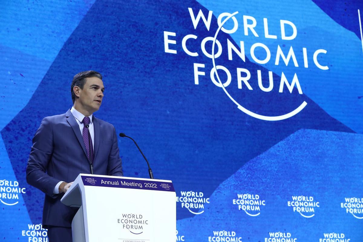 El presidente del Gobierno, Pedro Sánchez, durante su intervención en el Foro Económico Mundial en Davos (Suiza).