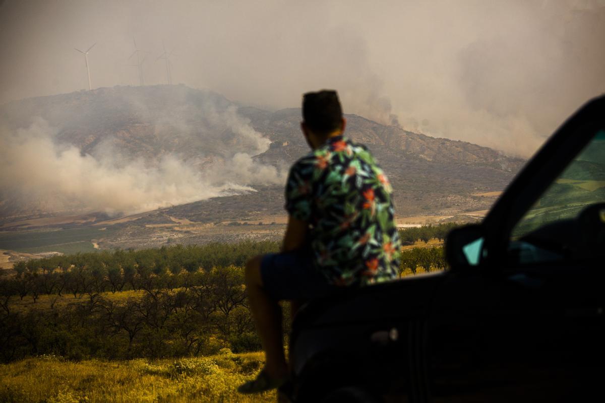 Un vecino mira las llamas en el incendio del Moncayo. TONI GALÁN