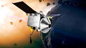 Recreación artística que muestra a la nave OSIRIS-REx sobre el asteroide Bennu.