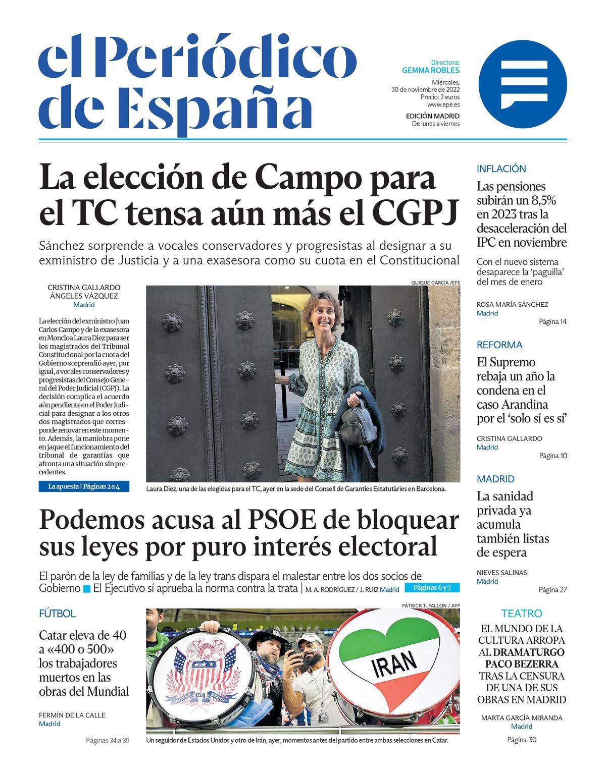 EL PERIÓDICO DE ESPAÑA de hoy miércoles 30 de noviembre de 2022 | El  Periódico de España