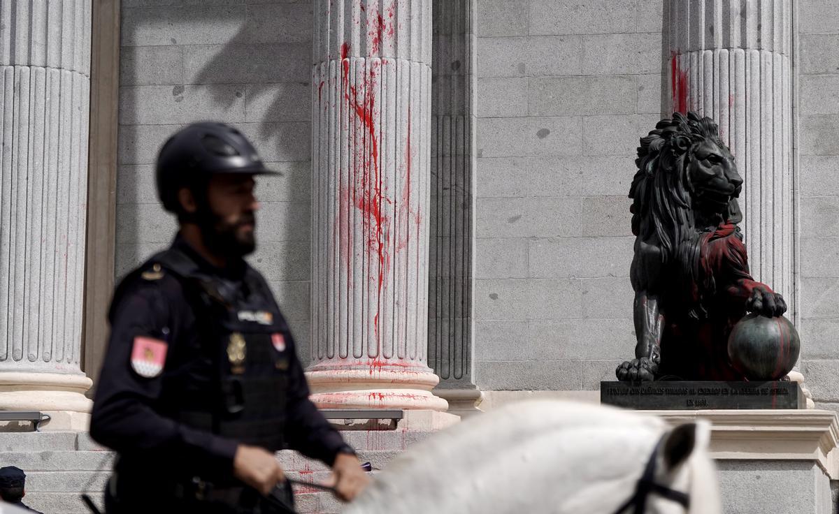 Pintura roja contra los leones del Congreso: así ha sido la protesta | El  Periódico de España