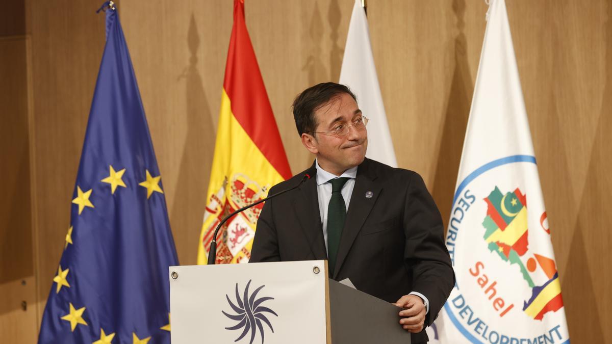 El ministro de Asuntos Exteriores, José Manuel Albares, durante la rueda de prensa posterior a la III Asamblea General de la Alianza Sahel en Madrid.