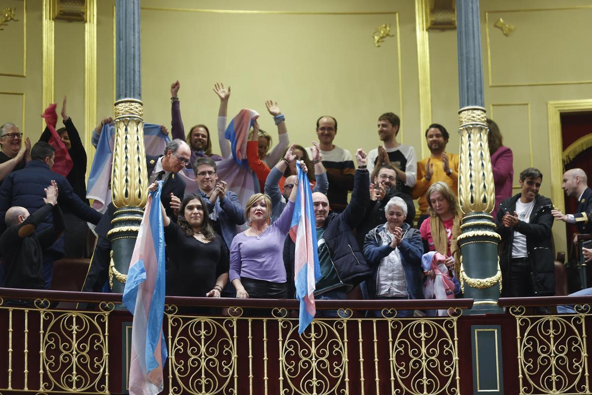 Miembros del colectivo LGTBI celebran la aprobación de la Ley Trans en el Congreso de los Diputados en Madrid, este jueves.