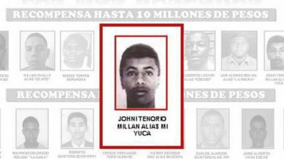 Una foto de Jhoni Fernando T. M., alias ’mi yuca’, en un cartel de las autoridades colombianas.