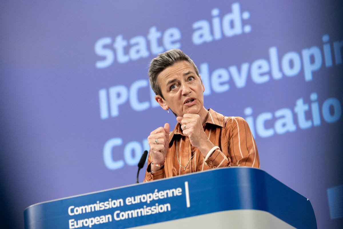 HANDOUT - 08 June 2023, Belgium, Brussels: EU Competition Commissioner Margrethe Vestager speaks during a press conference in Brussels. Photo: Jennifer Jacquemart/European Commission/dpa - ATTENTION: editorial use only and only if the credit mentioned abo