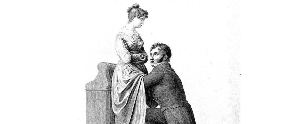 Una ilustración muestra a un ginecólogo del siglo XIX examinando a una mujer.