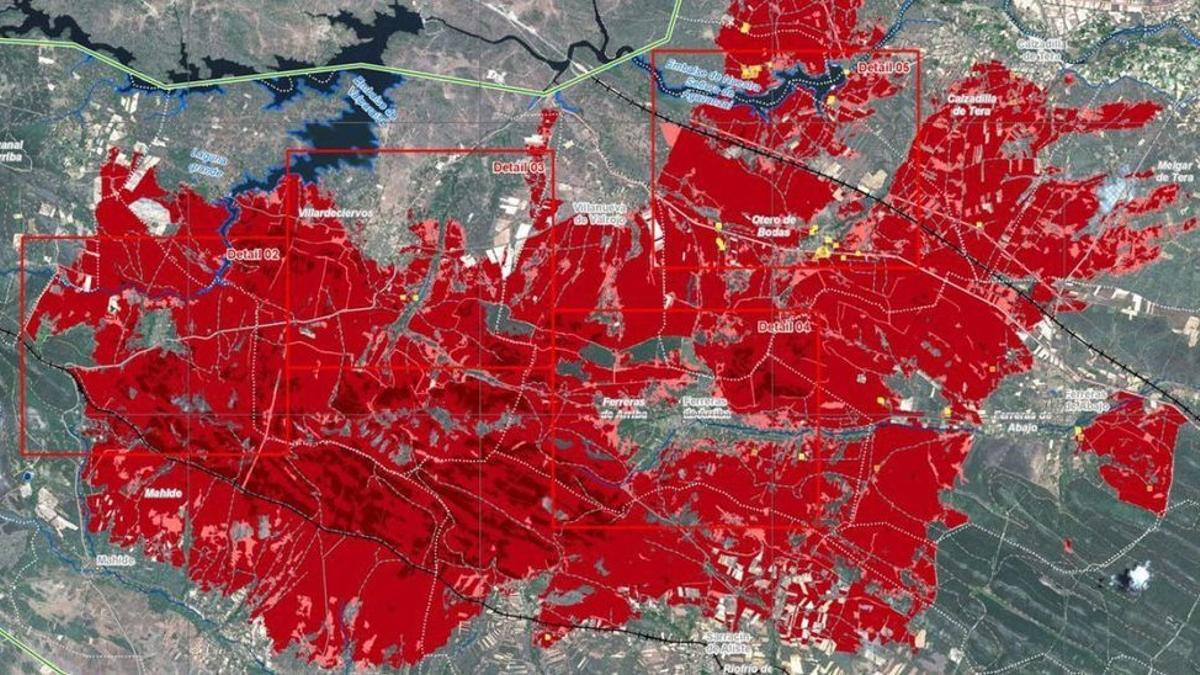Vista general de la zona afectada por el incendio elaborada con los datos de satélite. 