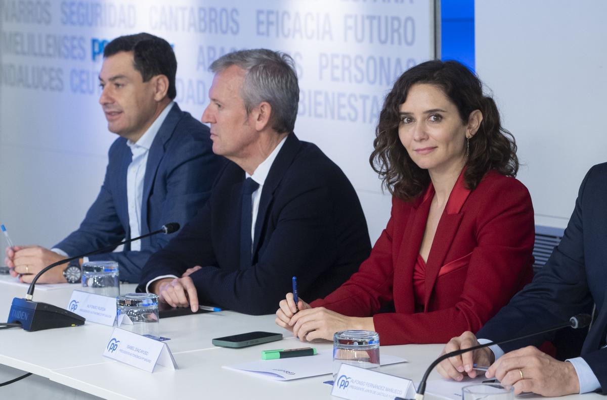 Isabel Díaz Ayuso junto a los barones populares Alfonso Rueda y Juanma Moreno en el Comité Ejecutivo del PP. Isabel Díaz Ayuso junto a los barones populares Alfonso Rueda y Juanma Moreno en el Comité Ejecutivo del PP.