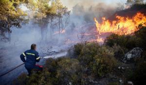 Un bombero intenta apagar un incendio forestal en el pueblo de Asklipio, en la isla de Rodas. La población local y los turistas han sido evacuados del área después de que estallaran incendios forestales en la isla de Rodas, Grecia.