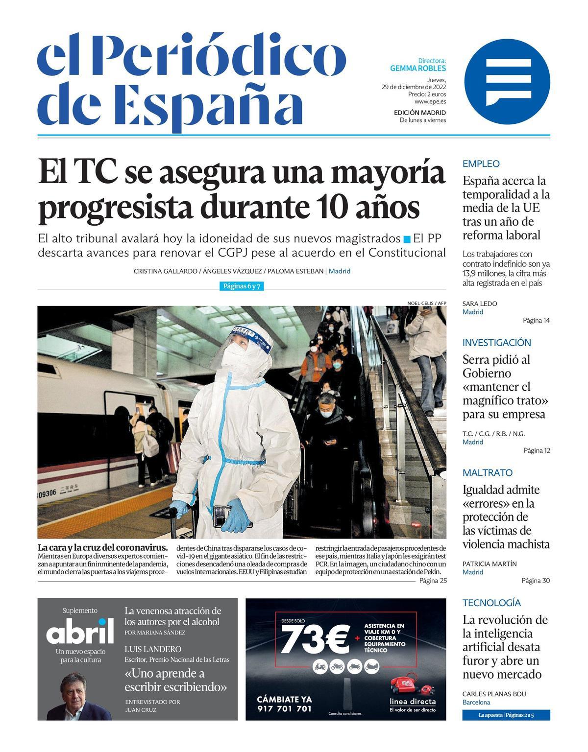 EL PERIÓDICO DE ESPAÑA de hoy jueves 29 de diciembre de 2022 | El Periódico  de España