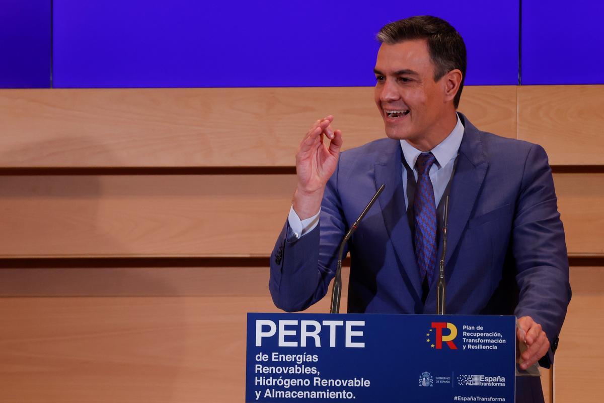 El presidente del Gobierno, Pedro Sánchez, en la presentación del PERTE de energías renovables, hidrógeno renovable y almacenamiento. 