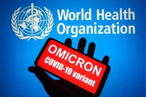 Ilustración de un móvil que muestra el mensaje Variante Ómicron covid-19 frente al logo de la OMS
